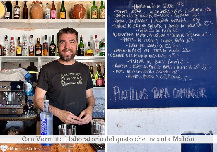 Aleix è uno dei tre soci del Can Vermut e a destra la lavagna con i piatti da condividere 