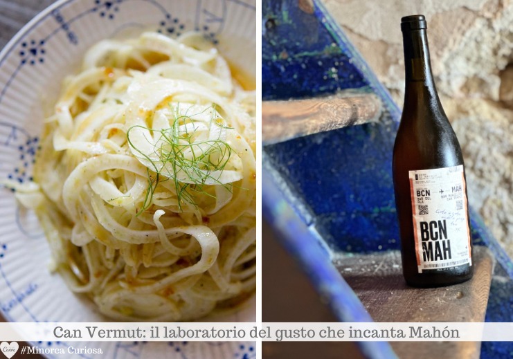 Carpaccio di finocchio di Minorca e a destra il vino Arancio con l’etichetta che è una carta d’imbarco del volo Barcellona-Mahon (BCN-MAH).