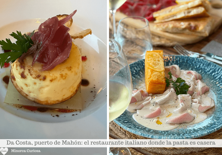 Platos del restaurante italiano Da Costa, puerto de Mahón, Menorca