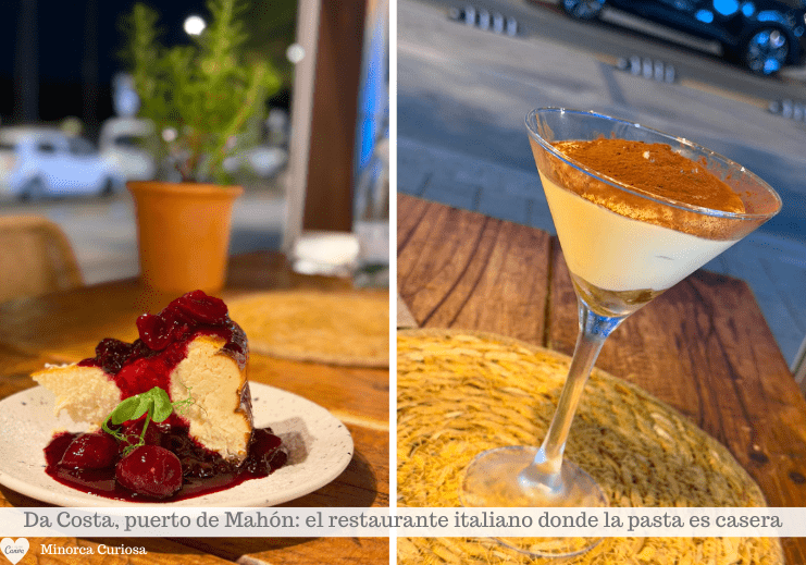 Dos dulces en la carta del restaurante italiano Da Costa, puerto de Mahón, Menorca